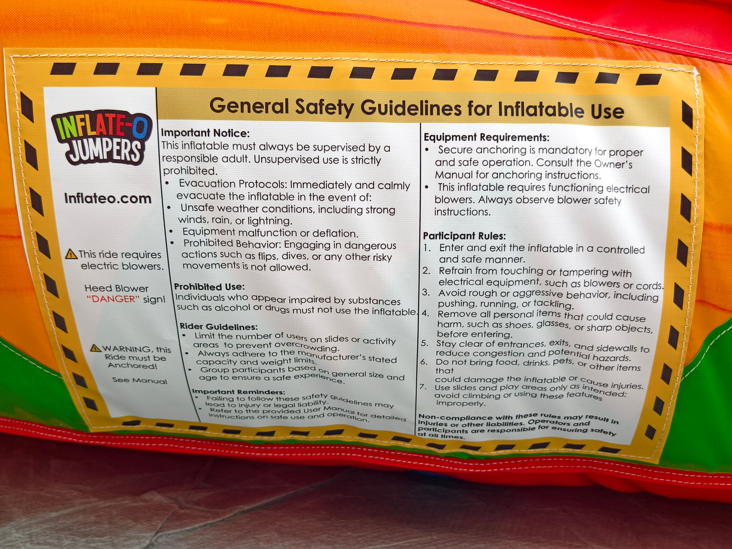 InflateO inflatable water slide safety label instructions