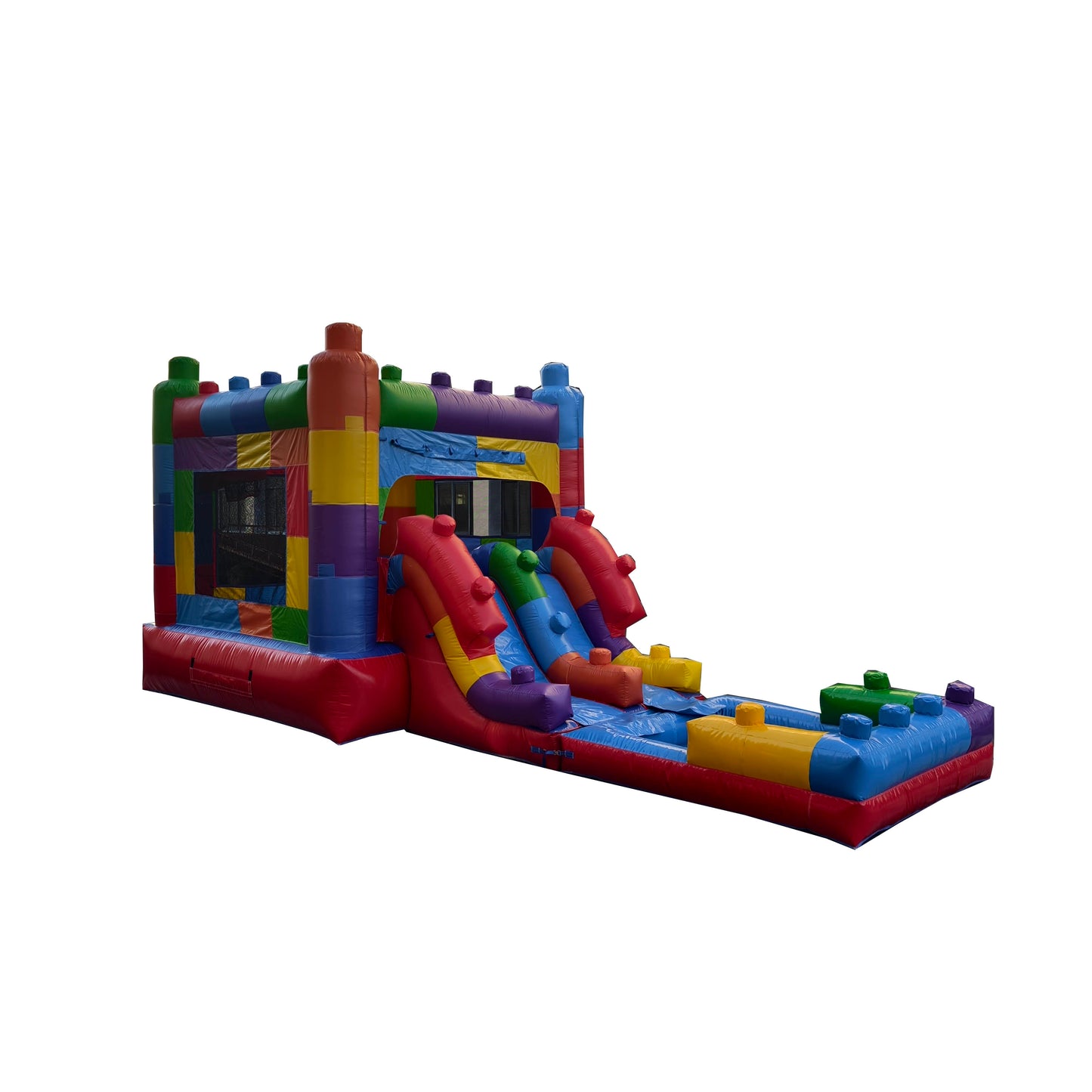 building block inflatable slide splash area wet dry combo